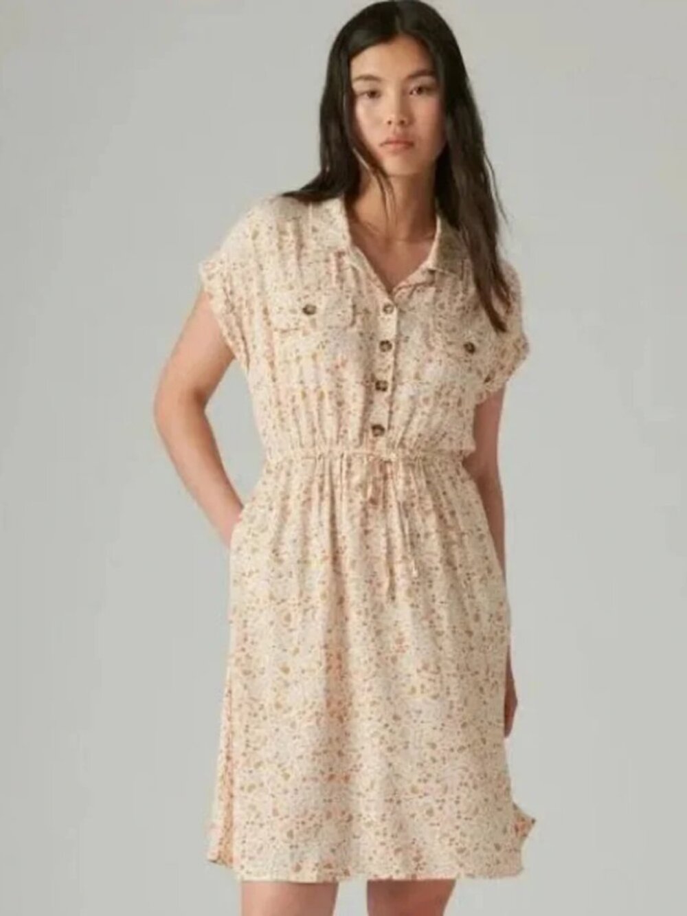Lucky Brand Size L Cream with Rust Floral and Paisley Pattern Shirt Dress